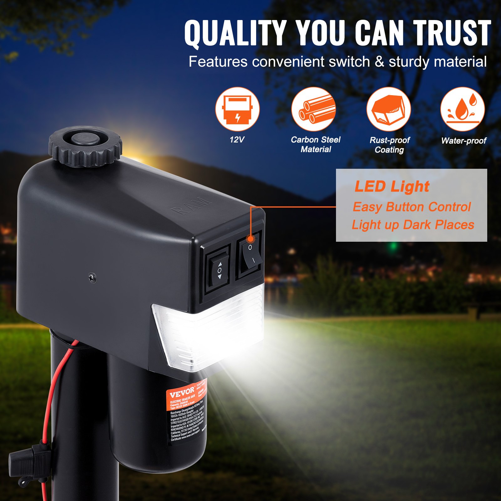 Gato eléctrico para remolque VEVOR, con capacidad de 1587 kg (3500 lb), de 25 a 85 cm (9.84 a 33.85 pulgadas) y cubierta impermeable para levantar remolques de autocaravanas, remolques para caballos, remolques utilitarios y remolques para yates.