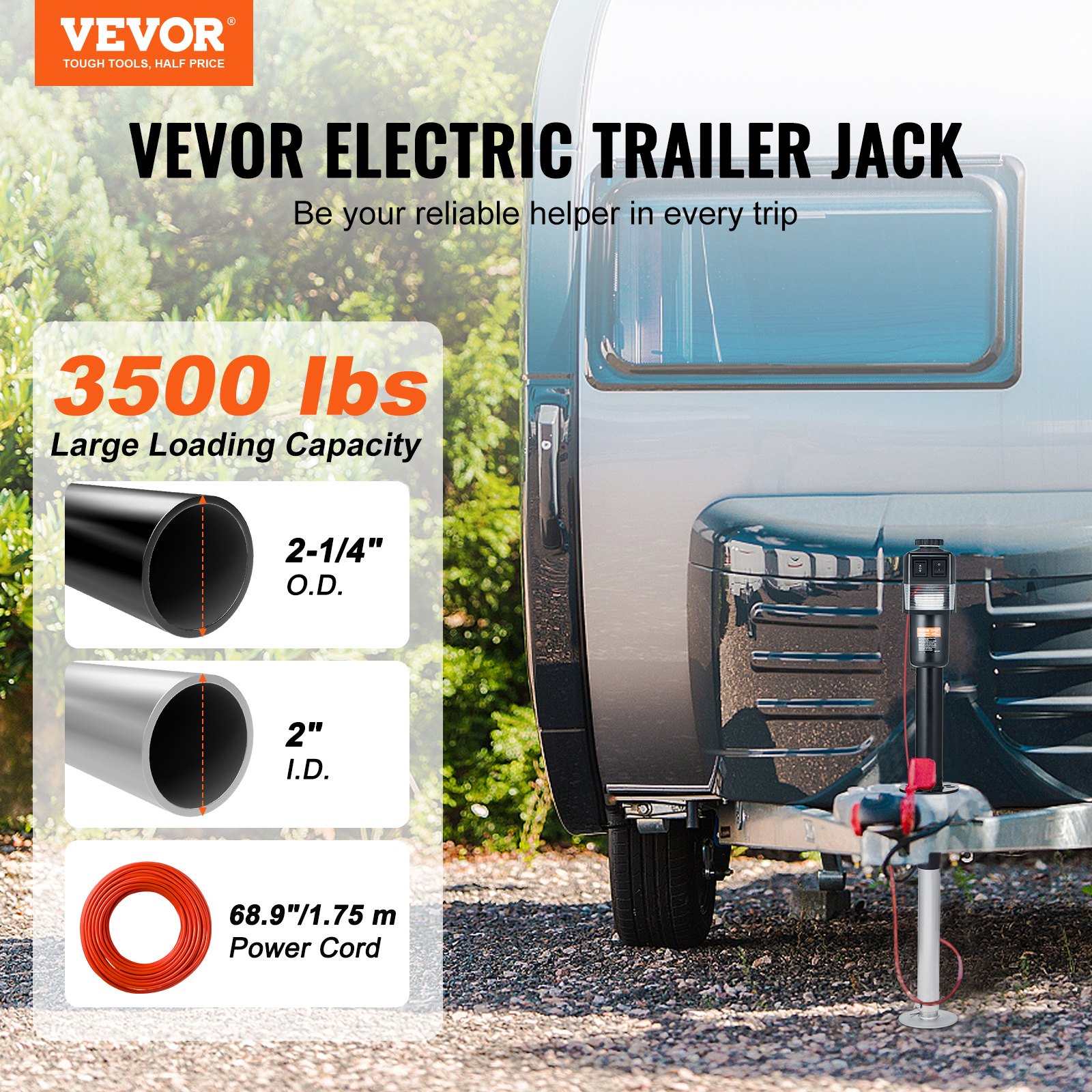 Gato eléctrico para remolque VEVOR, con capacidad de 1587 kg (3500 lb), de 25 a 85 cm (9.84 a 33.85 pulgadas) y cubierta impermeable para levantar remolques de autocaravanas, remolques para caballos, remolques utilitarios y remolques para yates.