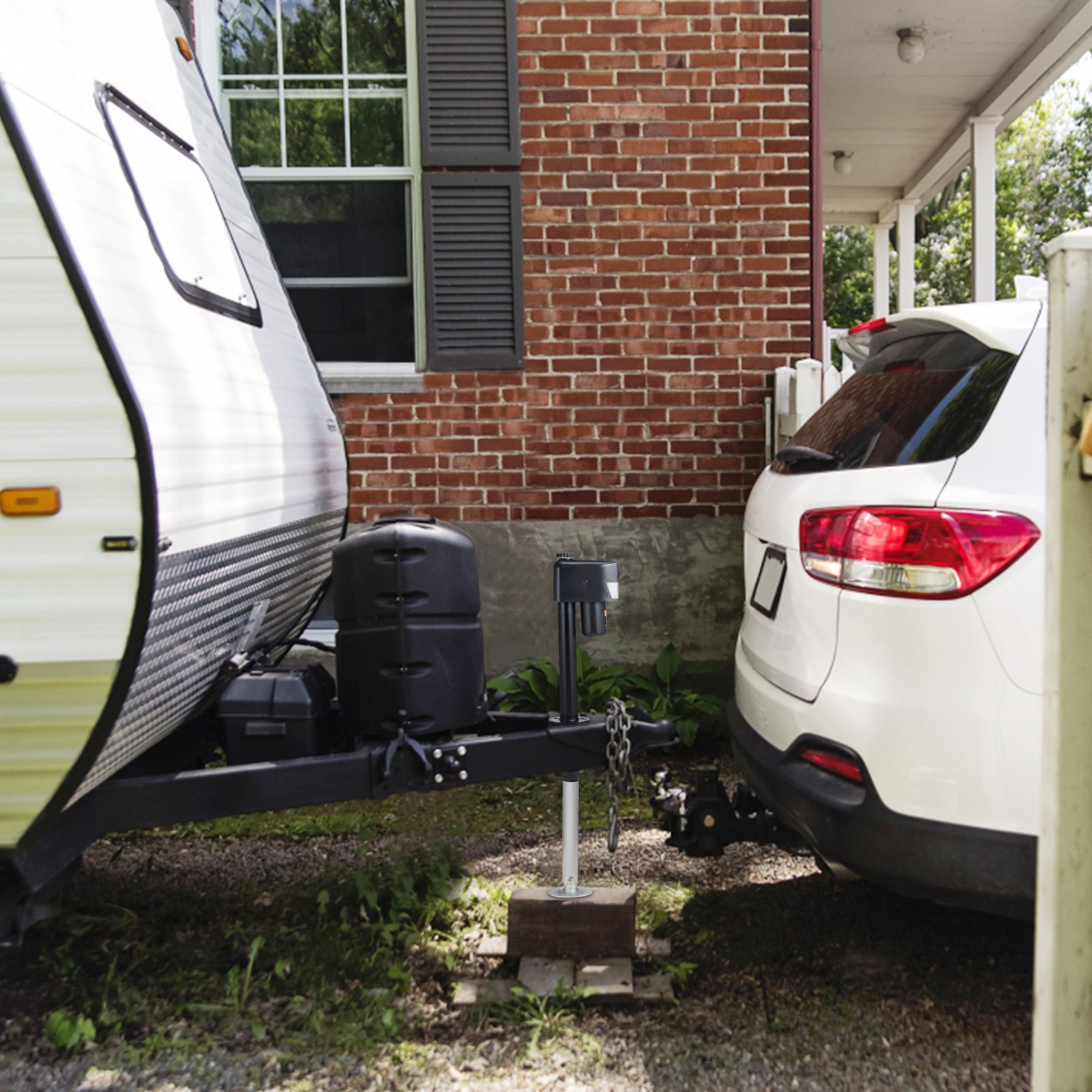 Gato eléctrico para remolque VEVOR, con capacidad de 1587 kg (3500 lb), de 25 a 85 cm (9.84 a 33.85 pulgadas) y cubierta impermeable para levantar remolques de autocaravanas, remolques para caballos, remolques utilitarios y remolques para yates.