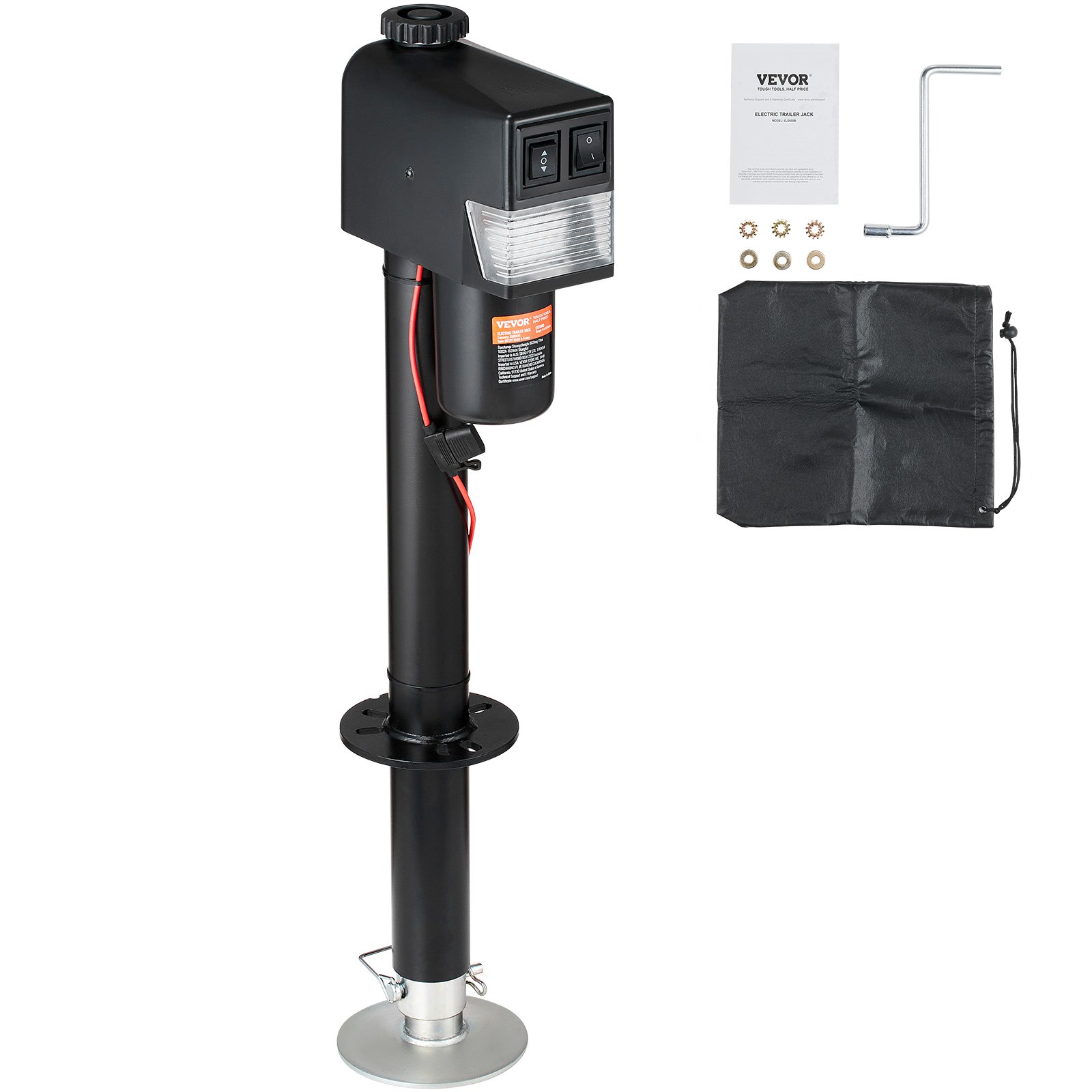 Gato eléctrico para remolque VEVOR, con capacidad de 1587 kg (3500 lb), de 25 a 85 cm (9.84 a 33.85 pulgadas) y cubierta impermeable para levantar remolques de autocaravanas, remolques para caballos, remolques utilitarios y remolques para yates.