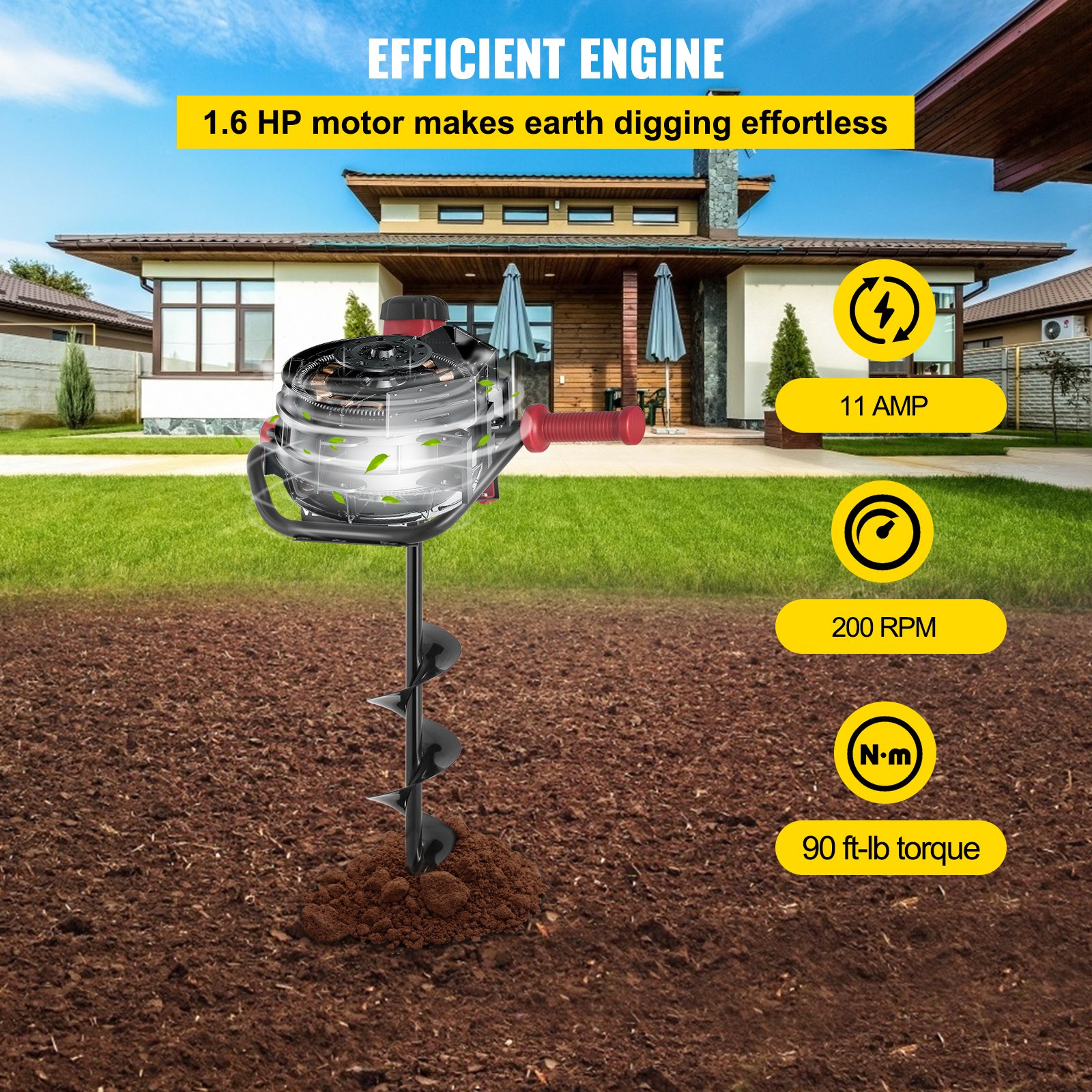 VEVOR Excavadora Eléctrica para Postes 1500 W Cabezal Eléctrico de Barrena 1,6 HP Excavadora Eléctrica de Tierra 60 x 40 x 34 cm con Broca de Barrena Reemplazable para Excavación de Postes Perforación