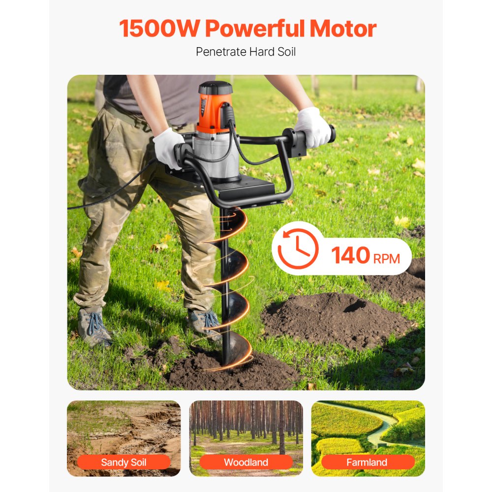 Excavadora eléctrica de postes VEVOR, broca de 5,71 pulgadas con potente motor de 1500 W, broca de acero aleado para tierra de 140 RPM con varilla de extensión de 10,24 pulgadas, para excavar hoyos para postes, perforar y plantar árboles.