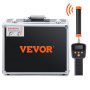 Estuche para cámara de alcantarillado VEVOR negro con asa, etiqueta de advertencia y monitor de mano con detalles en naranja.