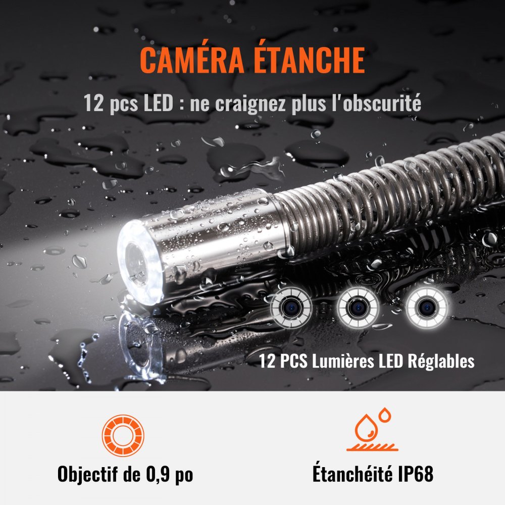 Cámara de alcantarillado VEVOR con localizador de 512 Hz, 50 m (164 pies), cámara de inspección de tuberías de 9" con función DVR, IP68, 12 LED ajustables y tarjeta SD de 16 GB para alcantarillado, hogar, conductos de drenaje y plomería.