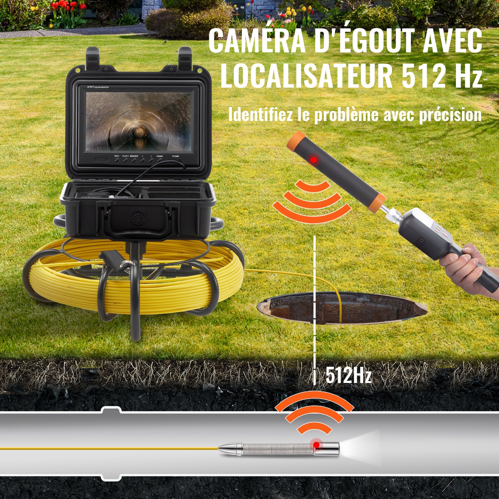 Cámara de alcantarillado VEVOR con localizador de 512 Hz, 50 m (164 pies), cámara de inspección de tuberías de 9" con función DVR, IP68, 12 LED ajustables y tarjeta SD de 16 GB para alcantarillado, hogar, conductos de drenaje y plomería.