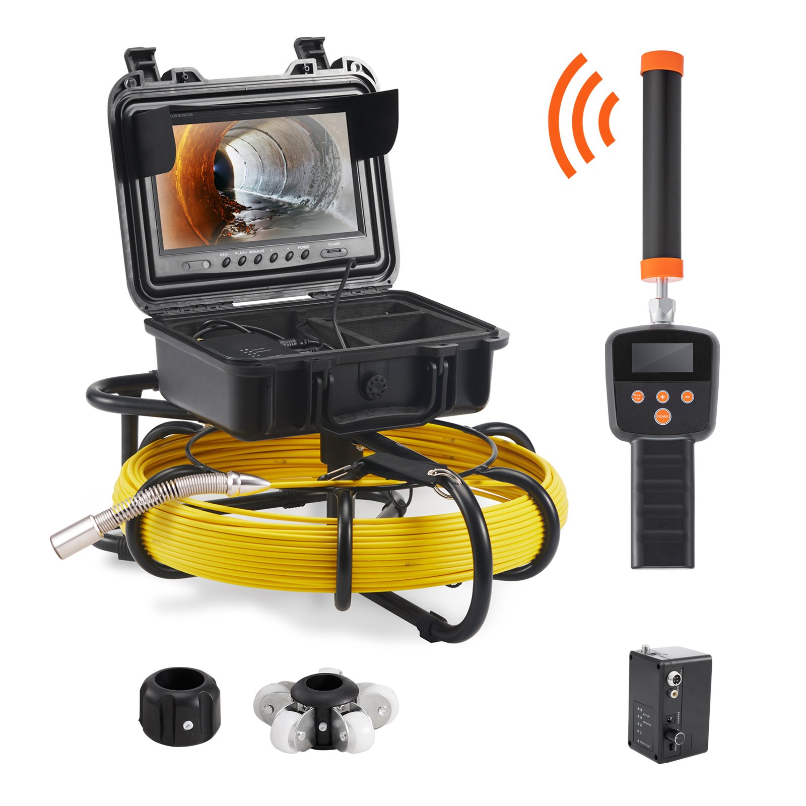 Cámara de alcantarillado VEVOR con localizador de 512 Hz, 50 m (164 pies), cámara de inspección de tuberías de 9" con función DVR, IP68, 12 LED ajustables y tarjeta SD de 16 GB para alcantarillado, hogar, conductos de drenaje y plomería.