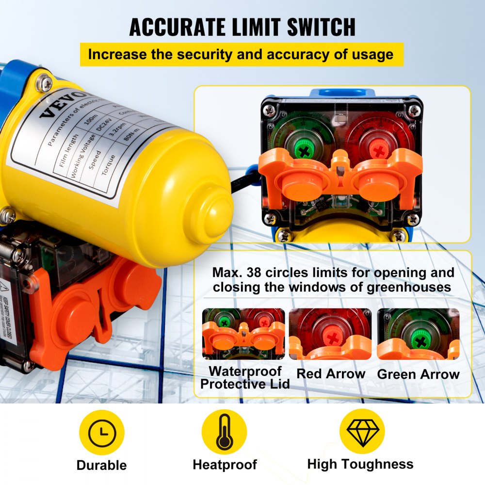 VEVOR Motor enrollable para invernadero, 100 W CC 24 V 3,2 RPM, resistente al agua, aleación de aluminio, marco eléctrico para invernadero, motor enrollable con interruptor de límite preciso, para ventilación de invernadero, ventilación automática