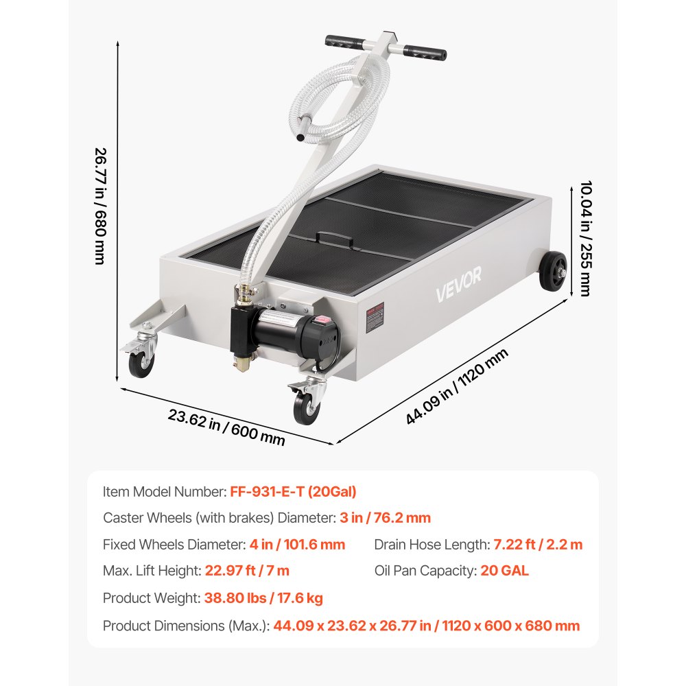 Bandeja de drenaje de aceite de perfil bajo VEVOR, capacidad de 20 galones, bandeja de drenaje de aceite rodante con bomba eléctrica, manguera de 7.2 pies y manija plegable en T, a prueba de fugas y resistente a la corrosión, apta para autos, SUV, camiones, vehículos todo terreno, color blanco