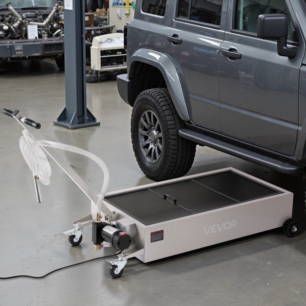 Bandeja de drenaje de aceite de perfil bajo VEVOR, capacidad de 20 galones, bandeja de drenaje de aceite rodante con bomba eléctrica, manguera de 7.2 pies y manija plegable en T, a prueba de fugas y resistente a la corrosión, apta para autos, SUV, camiones, vehículos todo terreno, color blanco