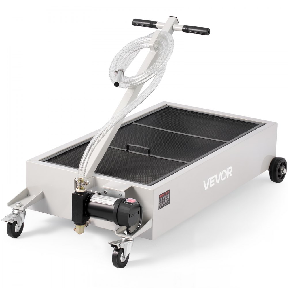 Bandeja de drenaje de aceite de perfil bajo VEVOR, capacidad de 20 galones, bandeja de drenaje de aceite rodante con bomba eléctrica, manguera de 7.2 pies y manija plegable en T, a prueba de fugas y resistente a la corrosión, apta para autos, SUV, camiones, vehículos todo terreno, color blanco