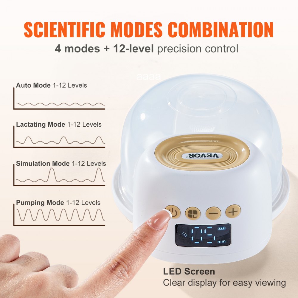 Extractor de leche portátil VEVOR con pantalla LED, 4 modos y control de precisión de 12 niveles.