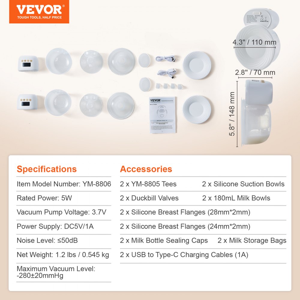 Extractor de leche portátil VEVOR con accesorios que incluyen cuencos de silicona, bridas y cables de carga.