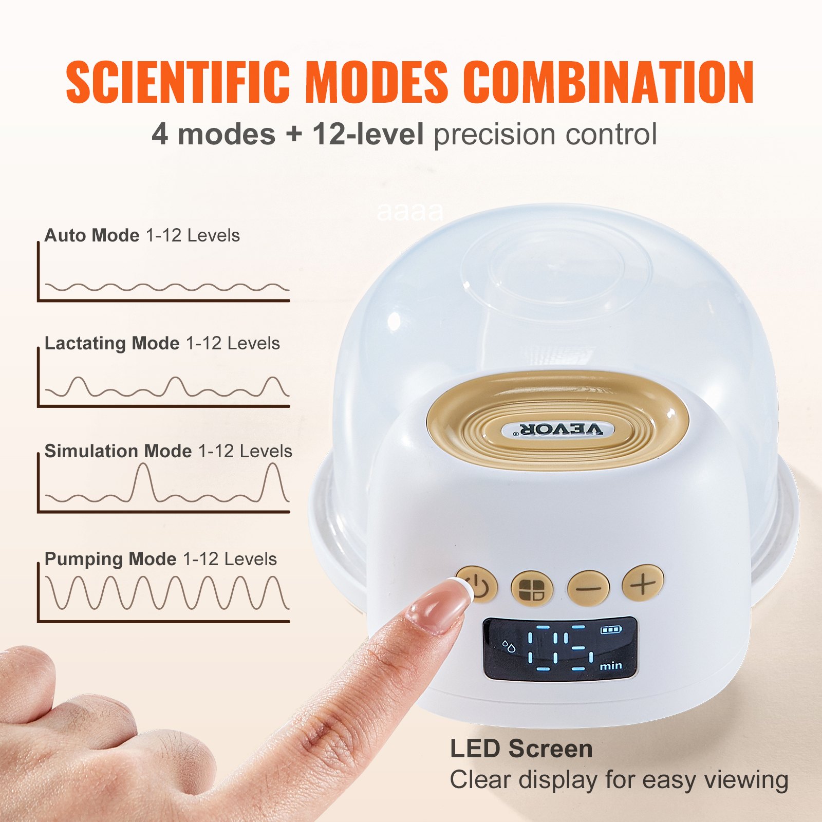 Extractor de leche portátil VEVOR con pantalla LED, 4 modos y control de precisión de 12 niveles.