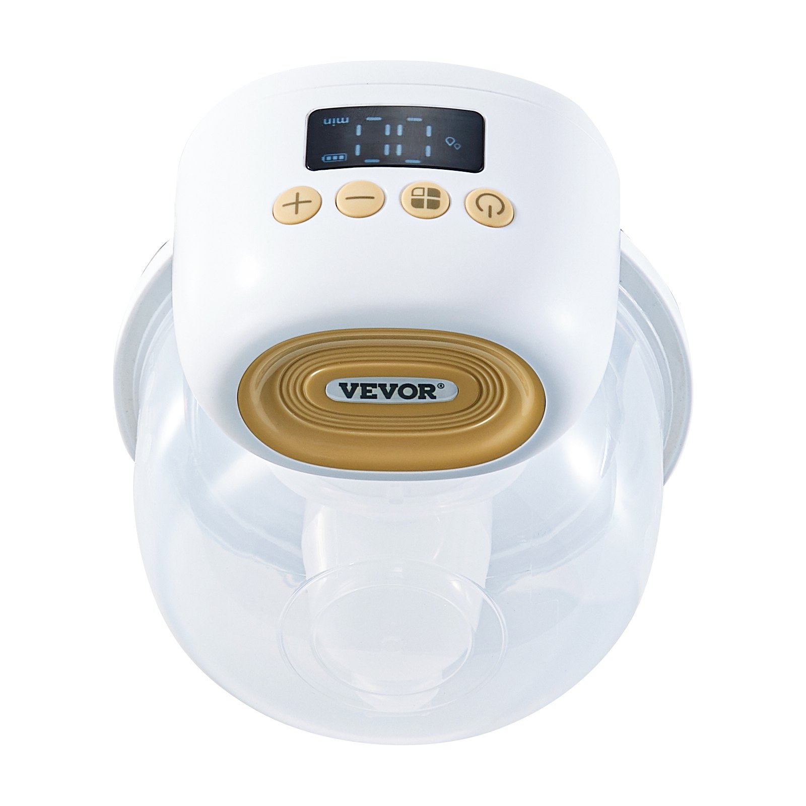 Extractor de leche portátil VEVOR con pantalla digital y botones de control en una unidad blanca y dorada.
