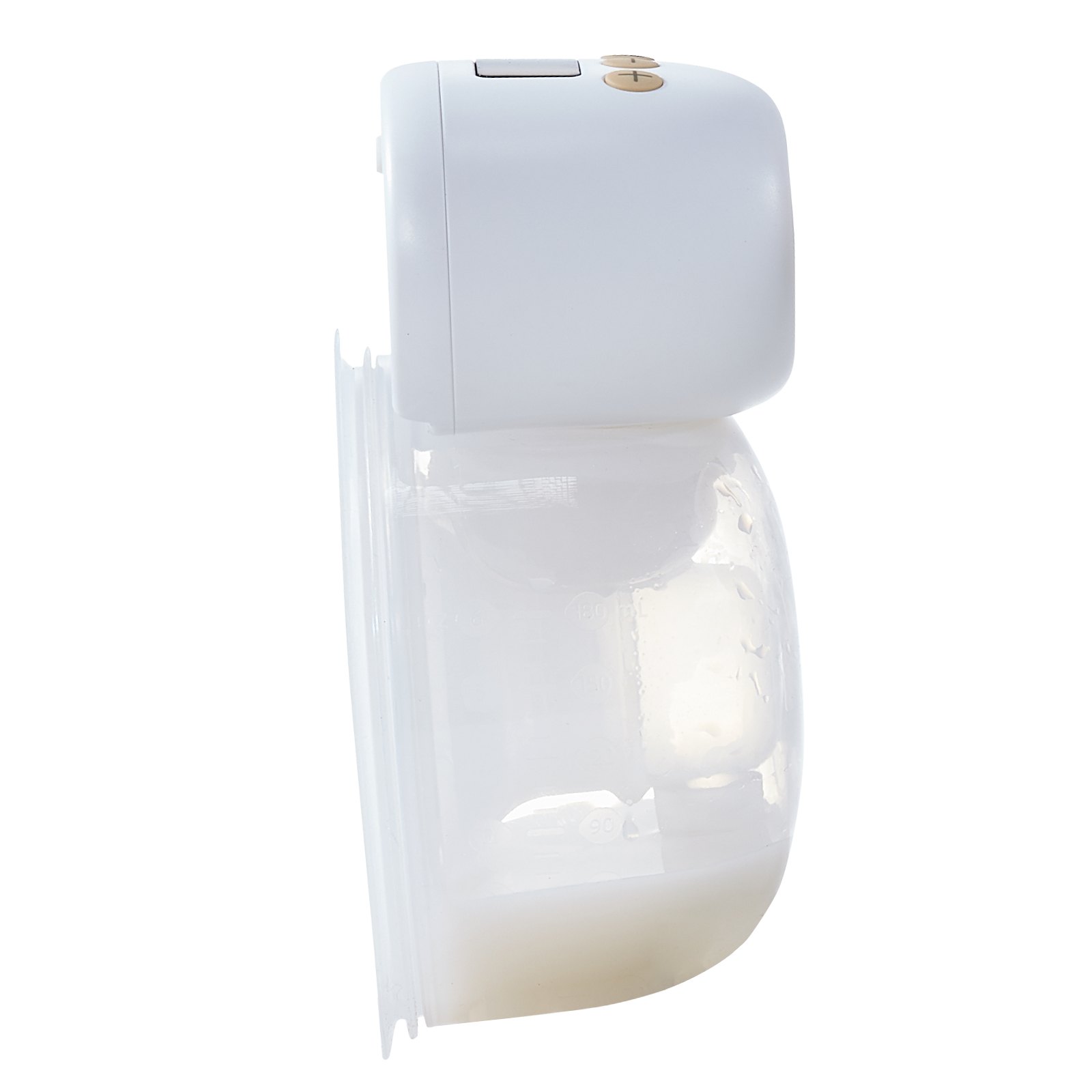 Vista lateral del extractor de leche portátil VEVOR con botones y un recipiente de leche transparente.