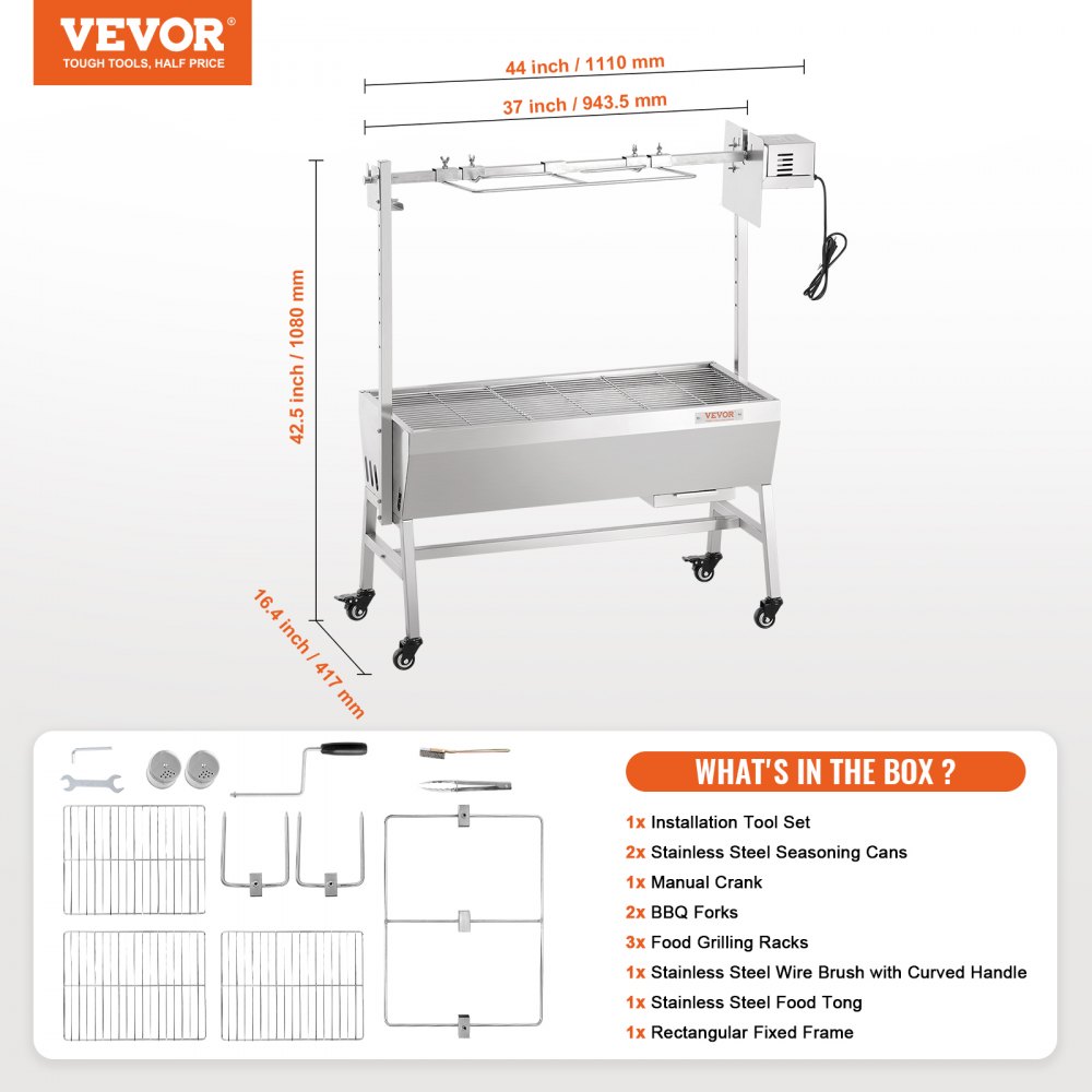 VEVOR - Asador eléctrico de acero inoxidable con motor de 42 W y ruedas bloqueables, capacidad de 39,5 kg, para barbacoa, cerdo entero, cordero, cabra, carbón, para acampar al aire libre