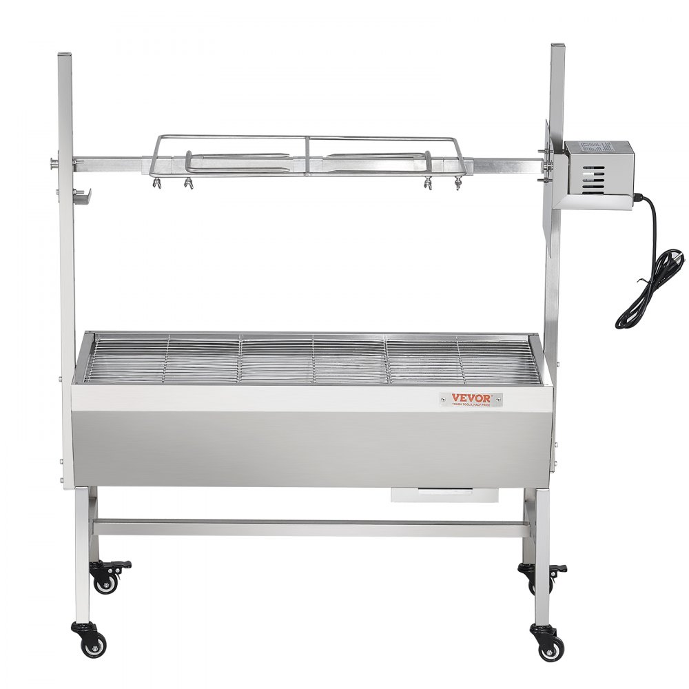VEVOR - Asador eléctrico de acero inoxidable con motor de 42 W y ruedas bloqueables, capacidad de 39,5 kg, para barbacoa, cerdo entero, cordero, cabra, carbón, para acampar al aire libre
