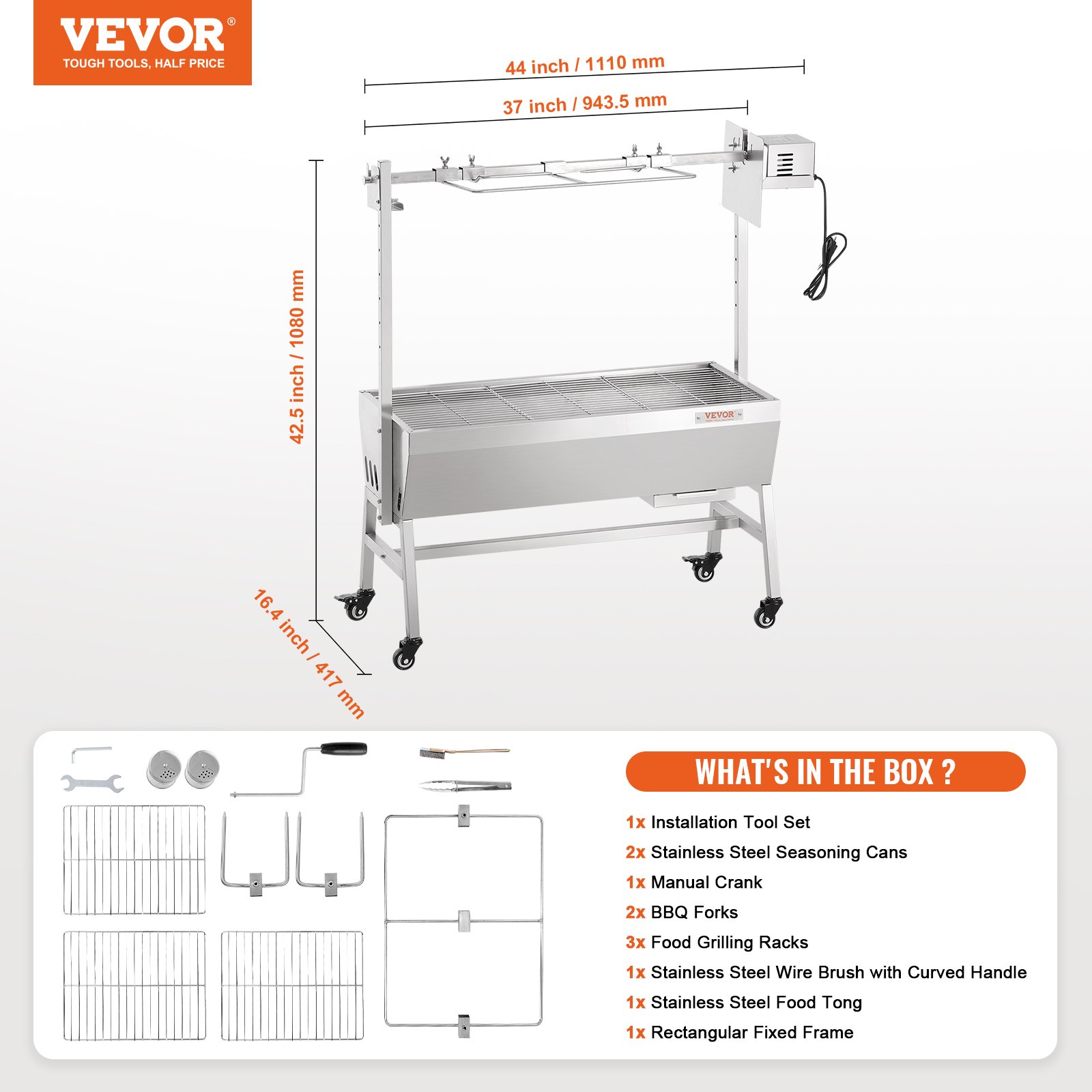 VEVOR - Asador eléctrico de acero inoxidable con motor de 42 W y ruedas bloqueables, capacidad de 39,5 kg, para barbacoa, cerdo entero, cordero, cabra, carbón, para acampar al aire libre