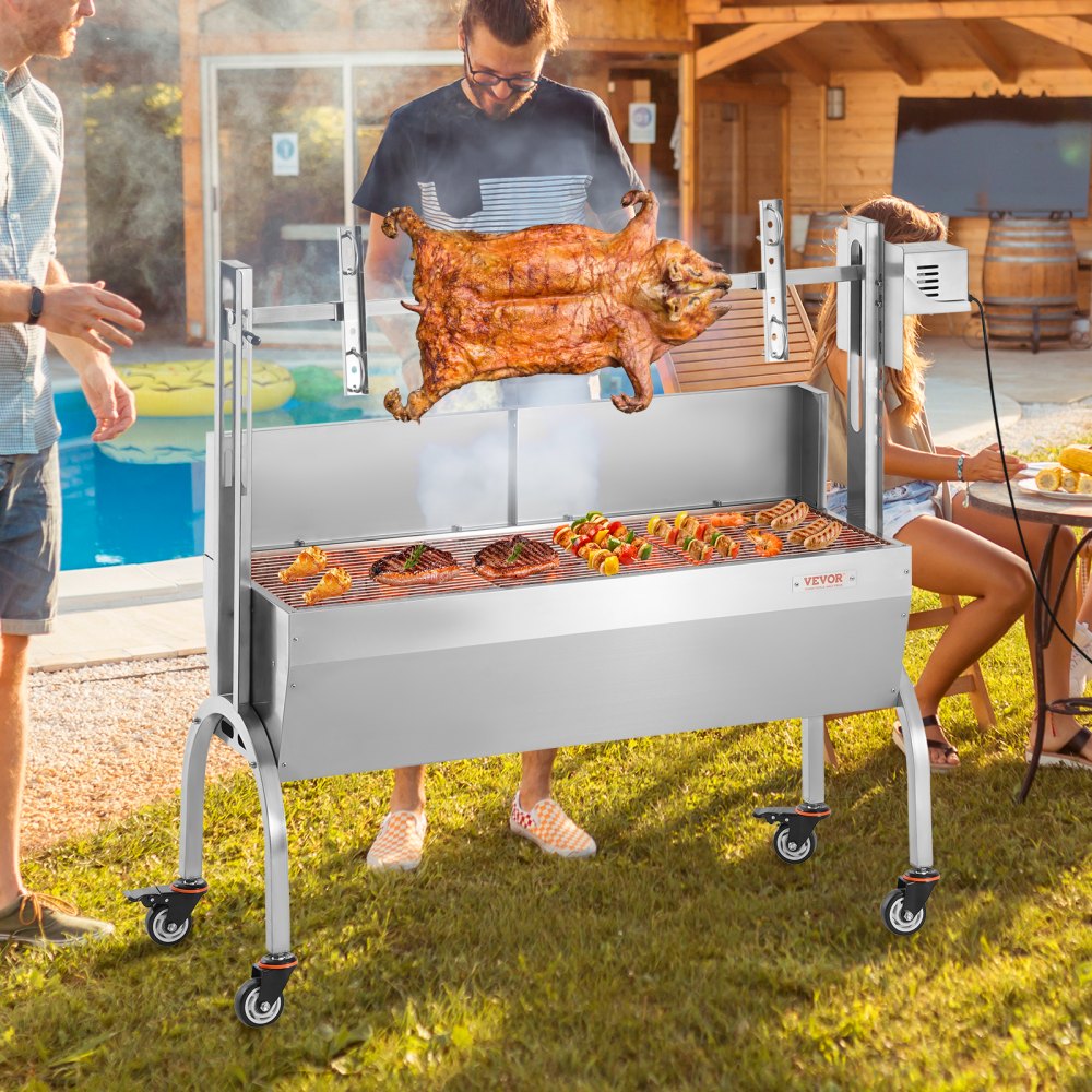 VEVOR - Asador de carbón con parabrisas, para cerdo, cordero y cabra, 117 cm (46 pulgadas), capacidad de 60 kg, motor eléctrico de 52 W, asador de acero inoxidable con ruedas bloqueables, para acampar al aire libre