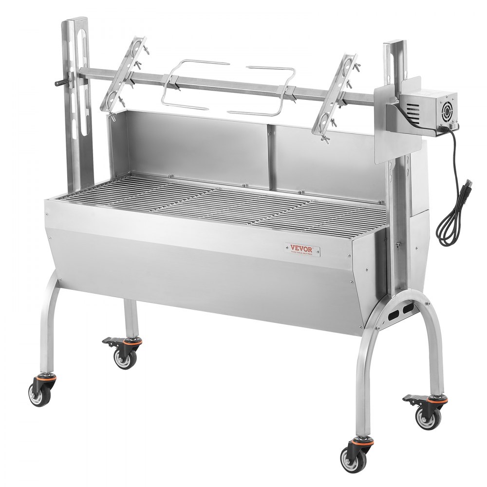 VEVOR - Asador de carbón con parabrisas, para cerdo, cordero y cabra, 117 cm (46 pulgadas), capacidad de 60 kg, motor eléctrico de 52 W, asador de acero inoxidable con ruedas bloqueables, para acampar al aire libre