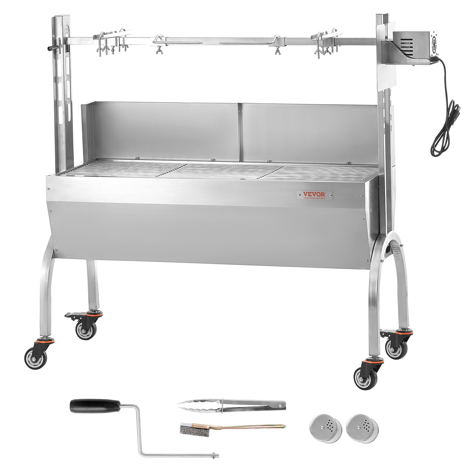 VEVOR - Asador de carbón con parabrisas, para cerdo, cordero y cabra, 117 cm (46 pulgadas), capacidad de 60 kg, motor eléctrico de 52 W, asador de acero inoxidable con ruedas bloqueables, para acampar al aire libre