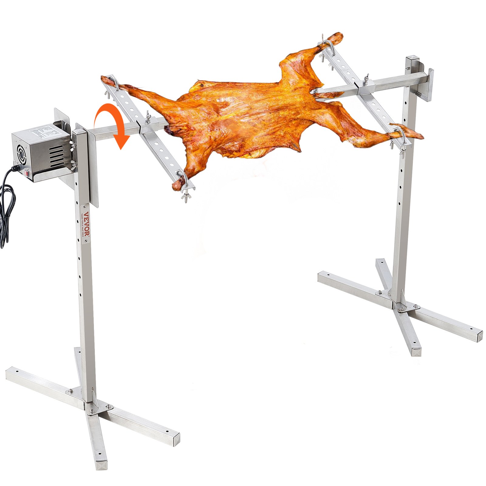 Kit de asador eléctrico VEVOR, 117 cm (46 pulgadas), capacidad de 40 kg, motor automático de 42 W, altura ajustable, soporte universal para asar, kit de asado de acero inoxidable, varilla para asar con protector térmico para cerdo y cordero.