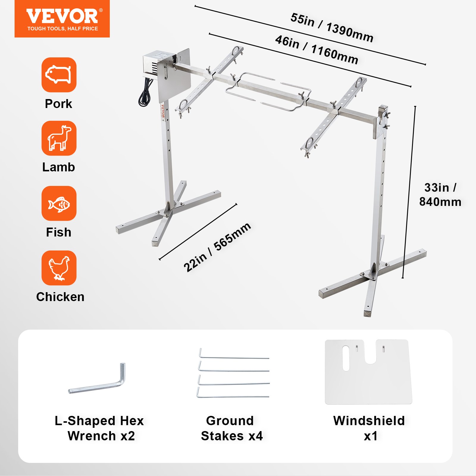 VEVOR - Kit de asador eléctrico para barbacoa, 117 cm (46 pulgadas), capacidad de 60 kg (132 lb), motor automático de 52 W, altura ajustable, soporte universal para asar, kit de acero inoxidable, varilla para asar con protector térmico para cerdo y cordero