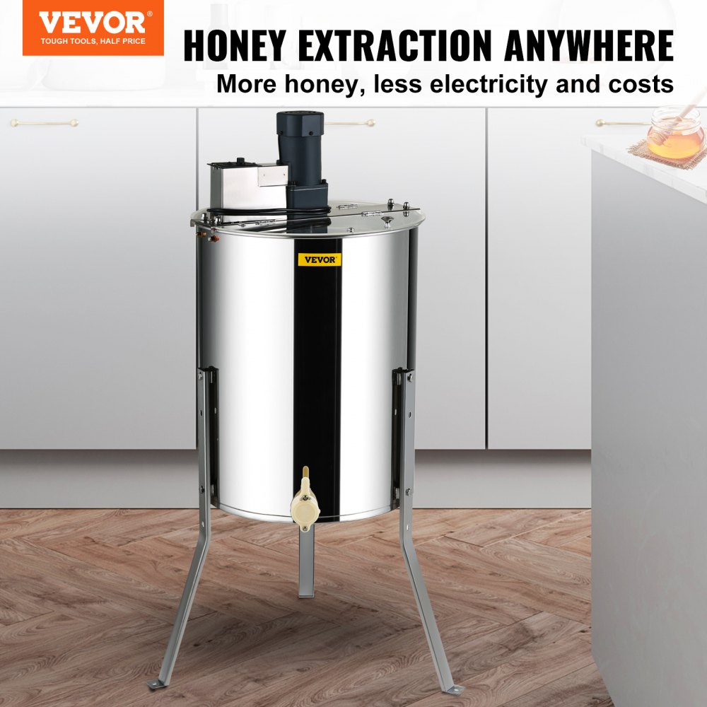 Extractor de miel eléctrico VEVOR en una cocina moderna con cuerpo de acero inoxidable y motor en la parte superior