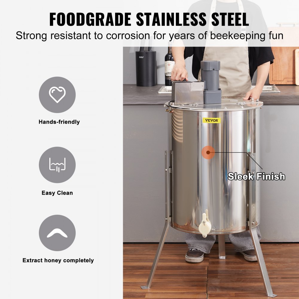 Extractor de miel eléctrico VEVOR con acabado elegante, acero inoxidable apto para uso alimentario, cómodo y fácil de limpiar.
