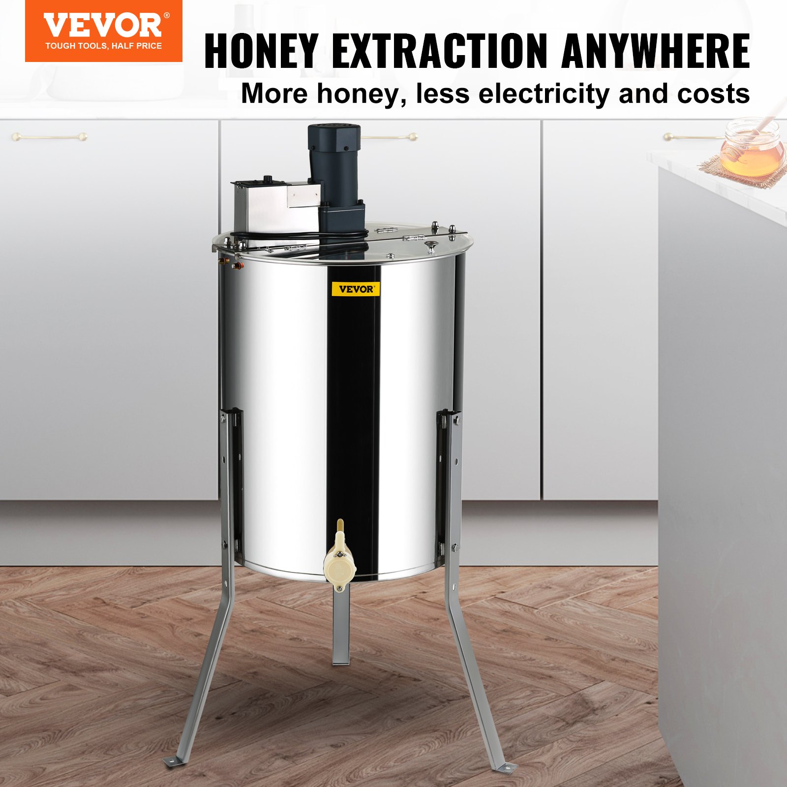 Extractor de miel eléctrico VEVOR en una cocina moderna con cuerpo de acero inoxidable y motor en la parte superior