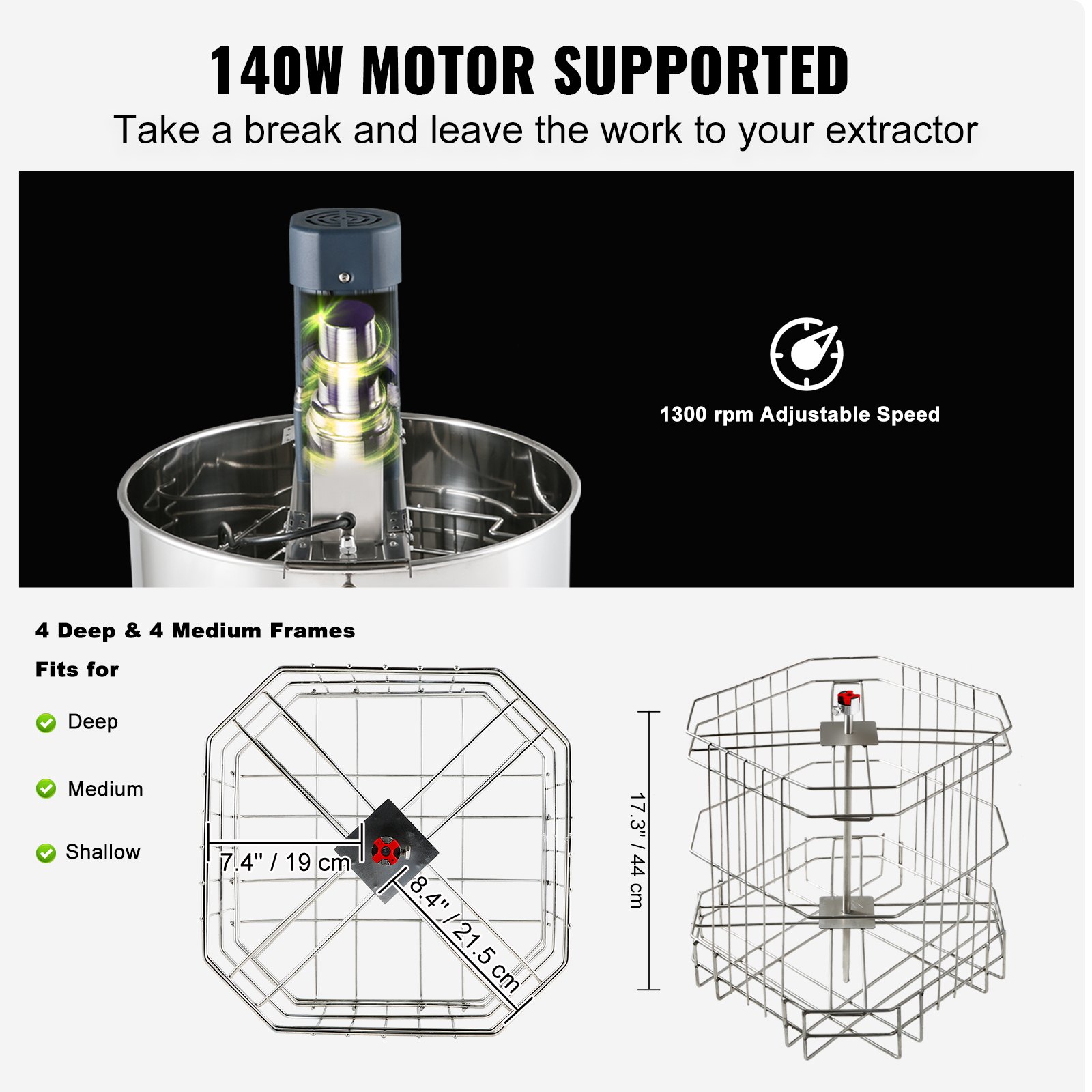 Extractor de miel eléctrico VEVOR con motor de 140w, 1300 rpm, se adapta a cuadros profundos, medianos y poco profundos.