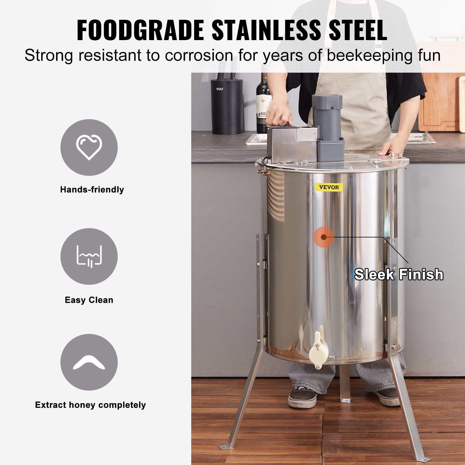 Extractor de miel eléctrico VEVOR con acabado elegante, acero inoxidable apto para uso alimentario, cómodo y fácil de limpiar.