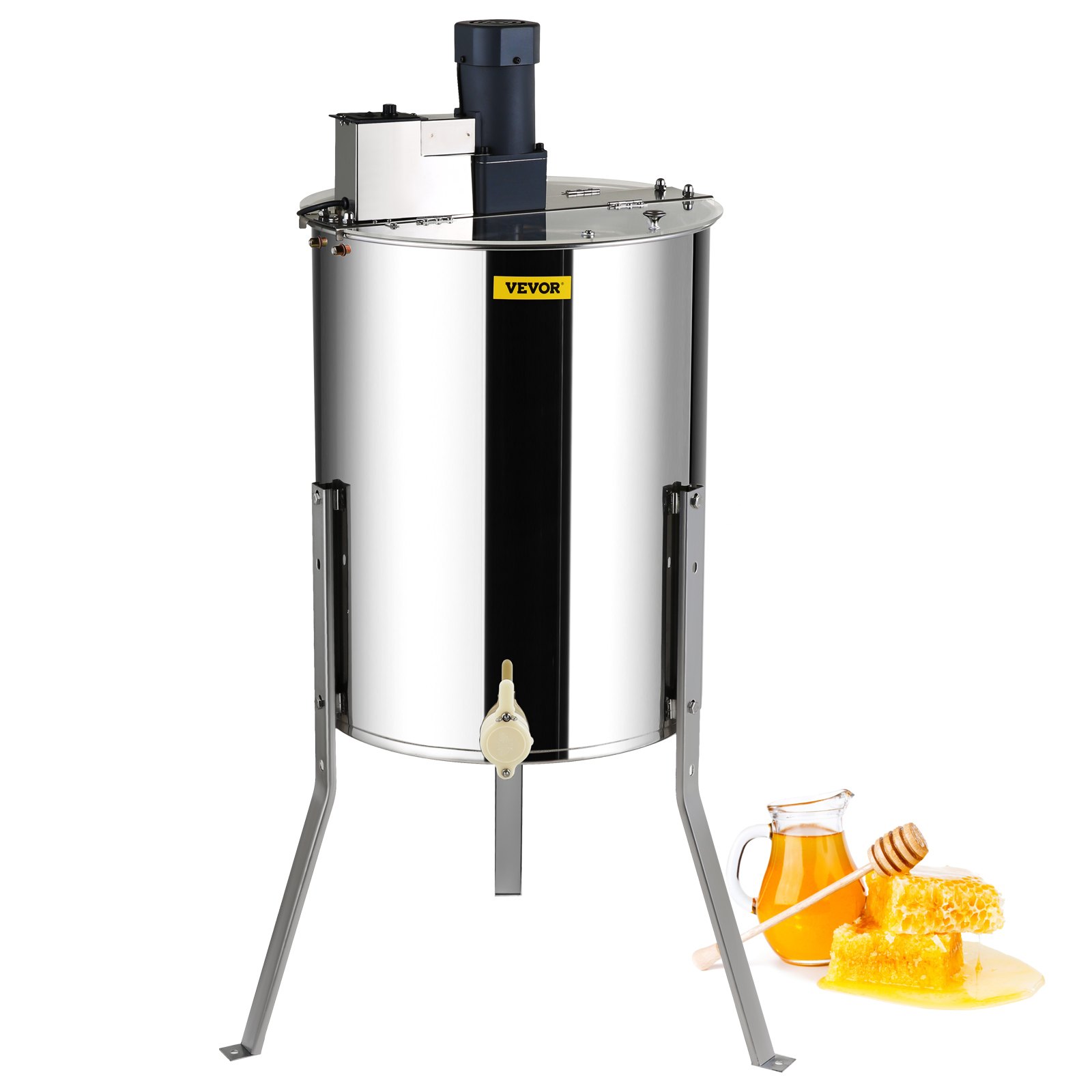 Extractor de miel eléctrico VEVOR, centrifugadora de miel de 4/8 cuadros, acero inoxidable, con soporte de altura ajustable y tapa.