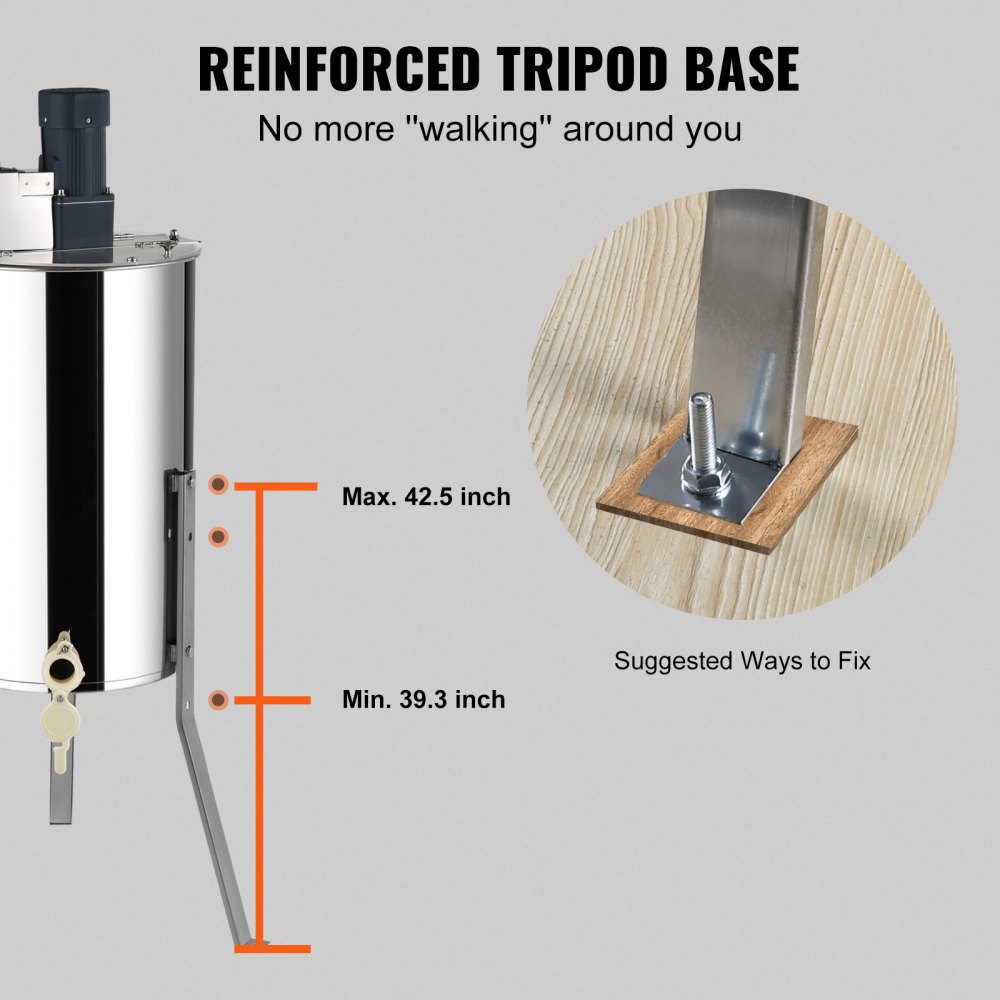 Extractor de miel VEVOR con base de trípode reforzada, altura ajustable entre 39,3 y 42,5 pulgadas.