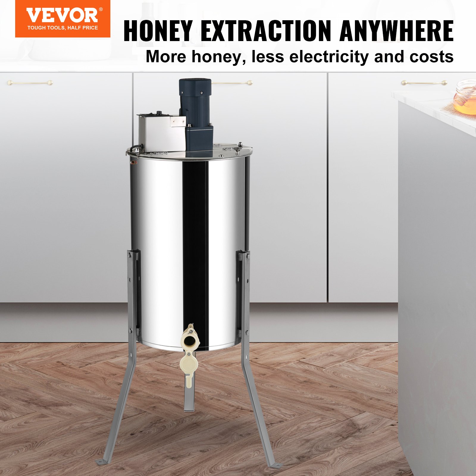 Extractor de miel VEVOR en una cocina moderna, que promete una extracción de miel eficiente con costos mínimos.