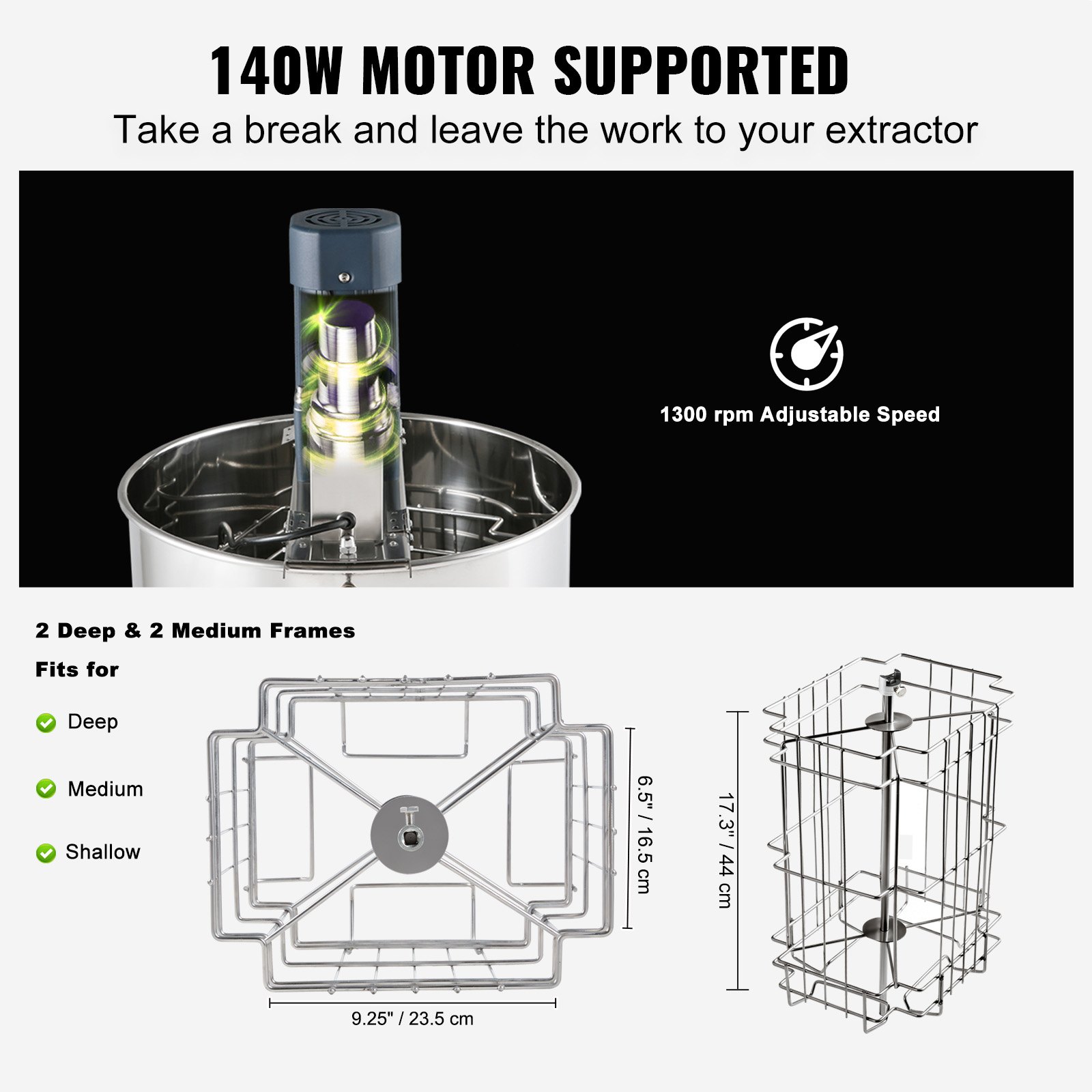 Extractor de miel VEVOR con motor de 140 W y velocidad ajustable que admite cuadros profundos, medianos y poco profundos.