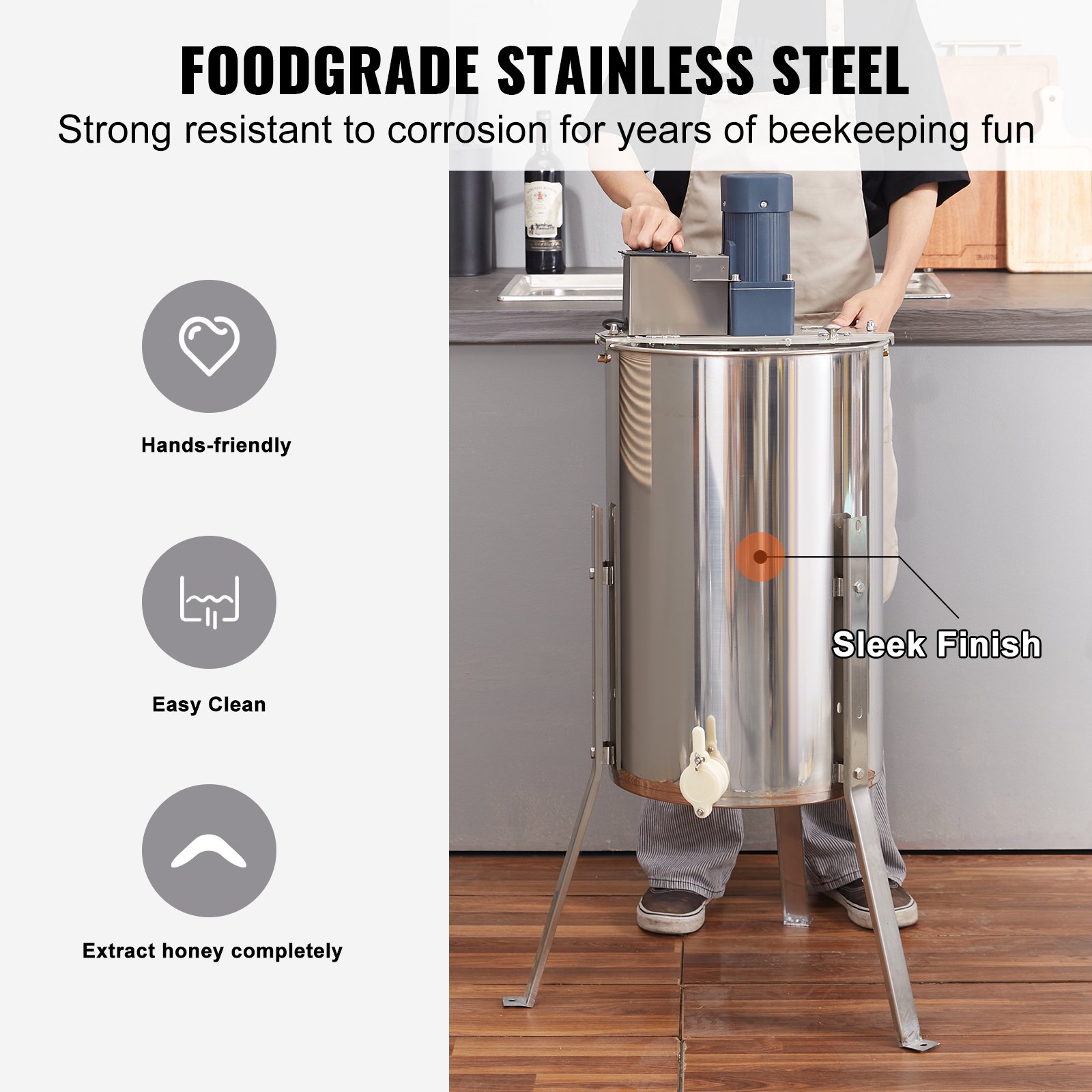 Extractor de miel VEVOR con acero inoxidable de grado alimenticio, acabado elegante y diseño fácil de limpiar y cómodo de usar.