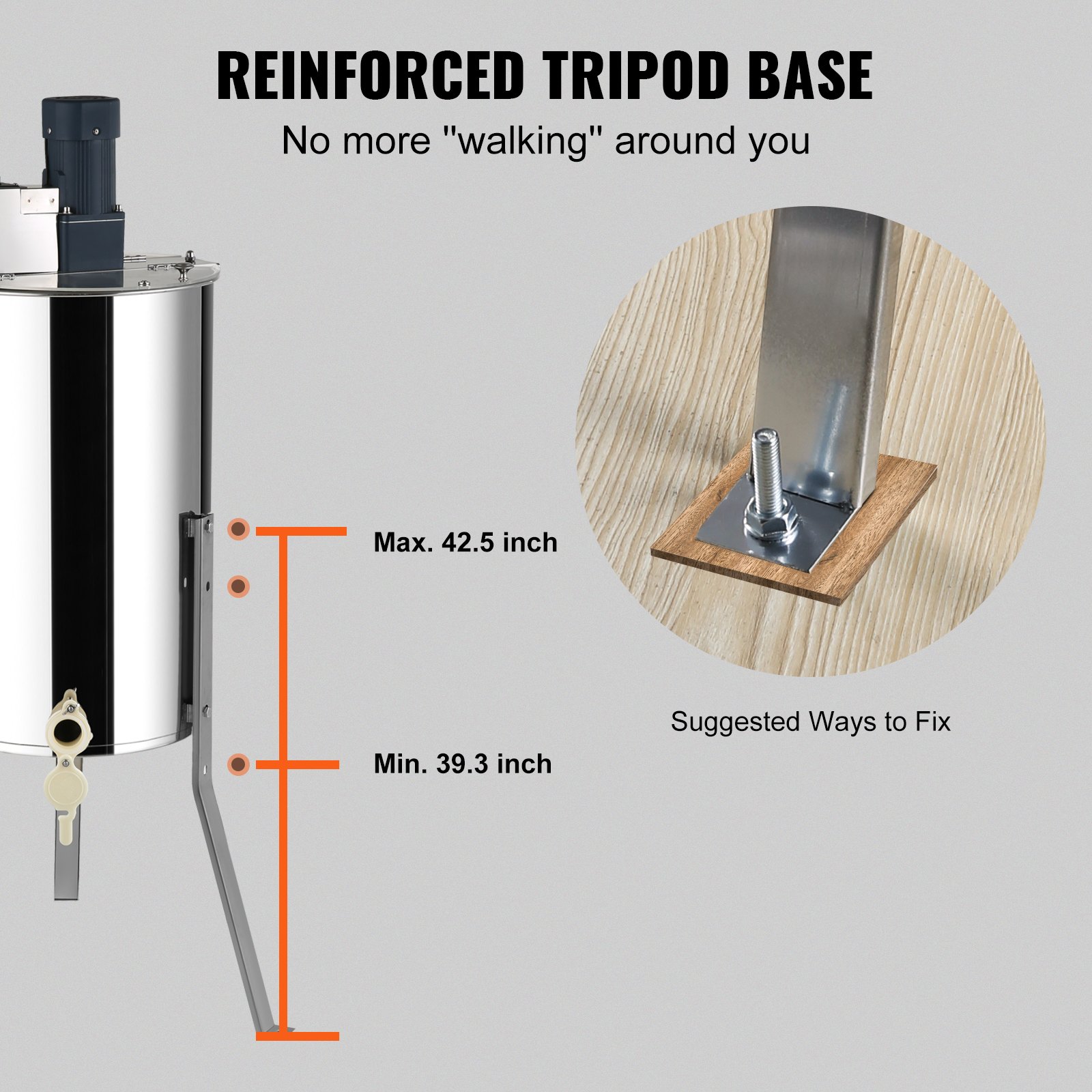 Extractor de miel VEVOR con base de trípode reforzada, altura ajustable entre 39,3 y 42,5 pulgadas.