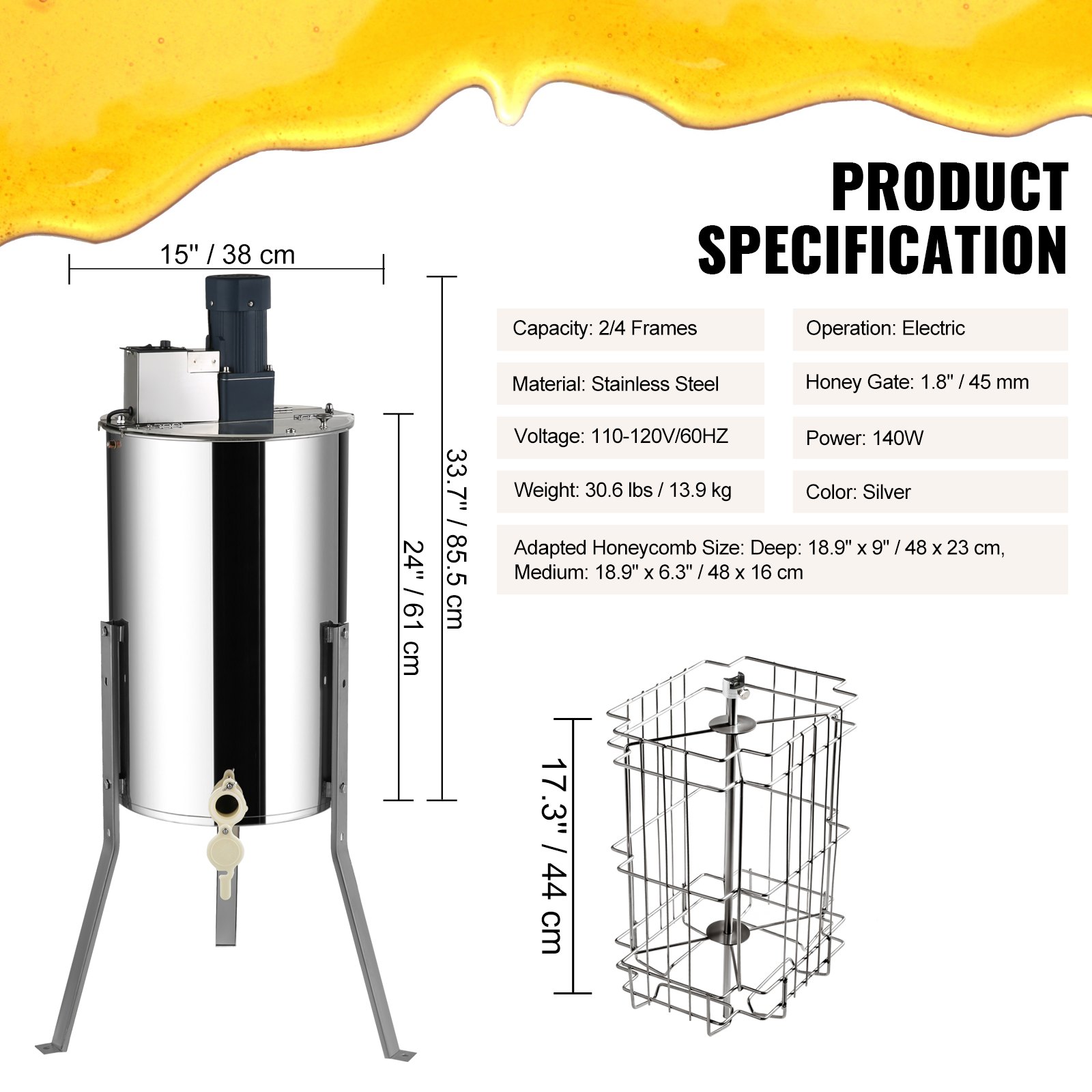 Extractor de miel VEVOR, acero inoxidable, eléctrico, 2/4 cuadros, dimensiones y especificaciones mostradas.