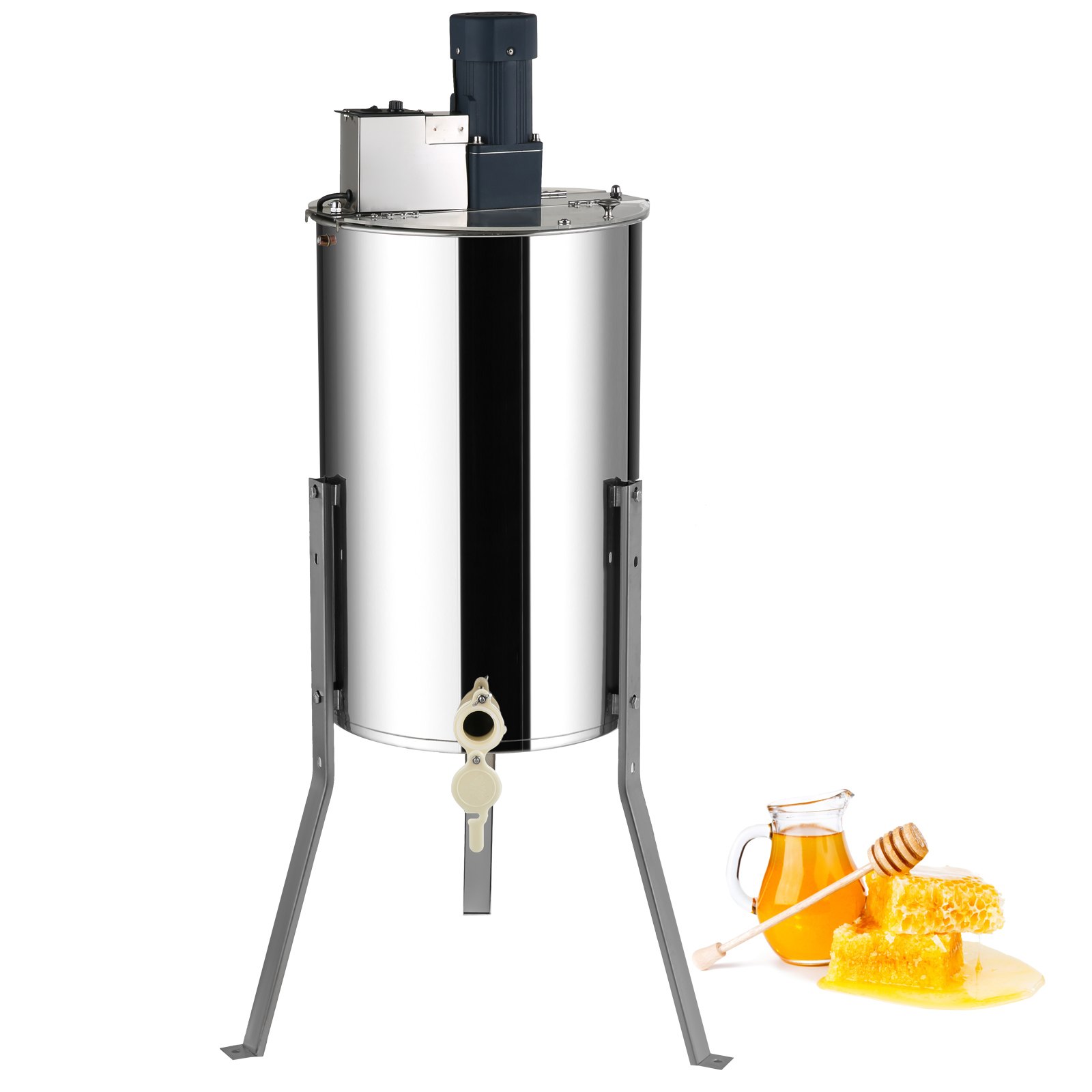Extractor de miel VEVOR de acero inoxidable con motor, panal y tarro de miel en el lateral.