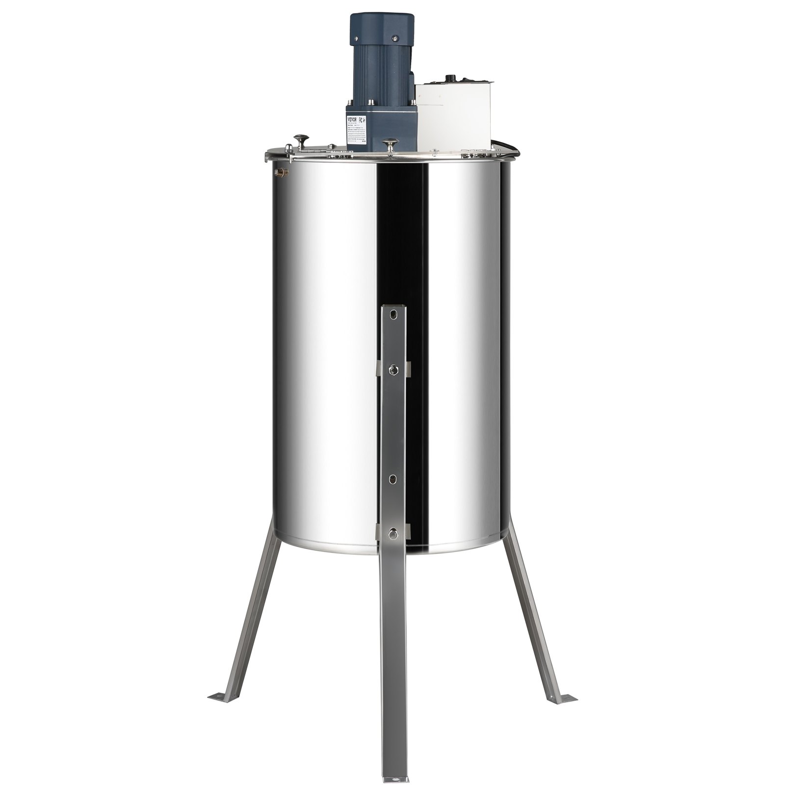 Extractor de miel VEVOR de acero inoxidable brillante con motor eléctrico en la parte superior y robustas patas de trípode.