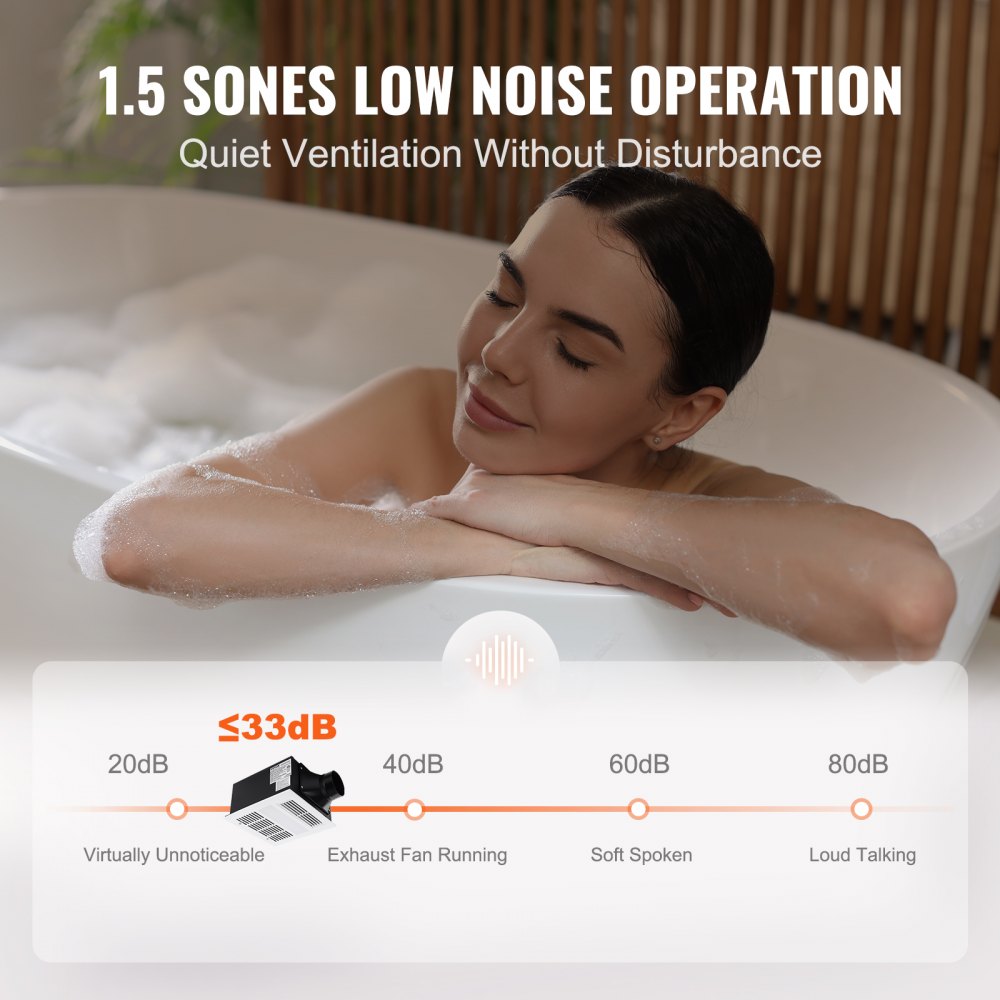 Ventilador extractor de baño VEVOR, calefacción de 1500 W, ventilación de alta eficiencia de 110 CFM, funcionamiento silencioso de 1,5 sones, ventilador de techo de bajo consumo para baños, apto para diversos tipos de techo.