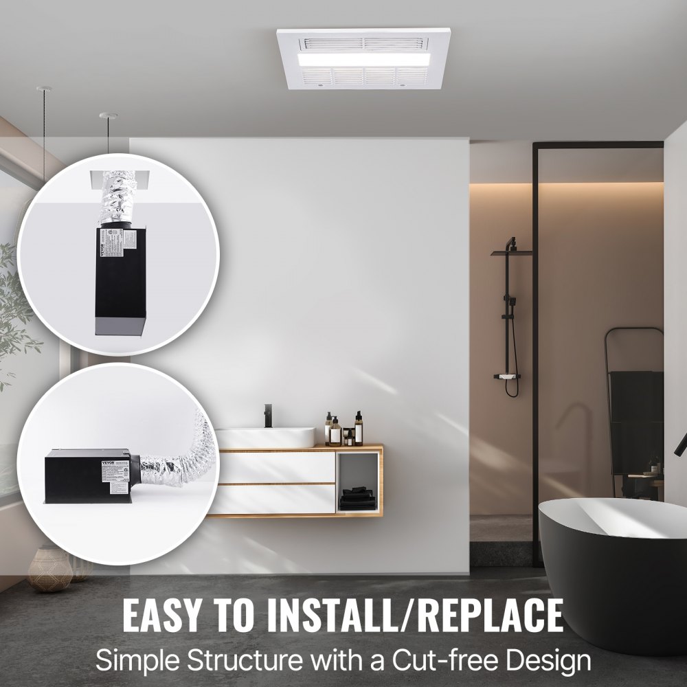 Ventilador extractor de baño VEVOR, calefacción de 1500 W, ventilación de alta eficiencia de 110 CFM, funcionamiento silencioso de 1,5 sones, ventilador de techo de bajo consumo para baños, apto para diversos tipos de techo.