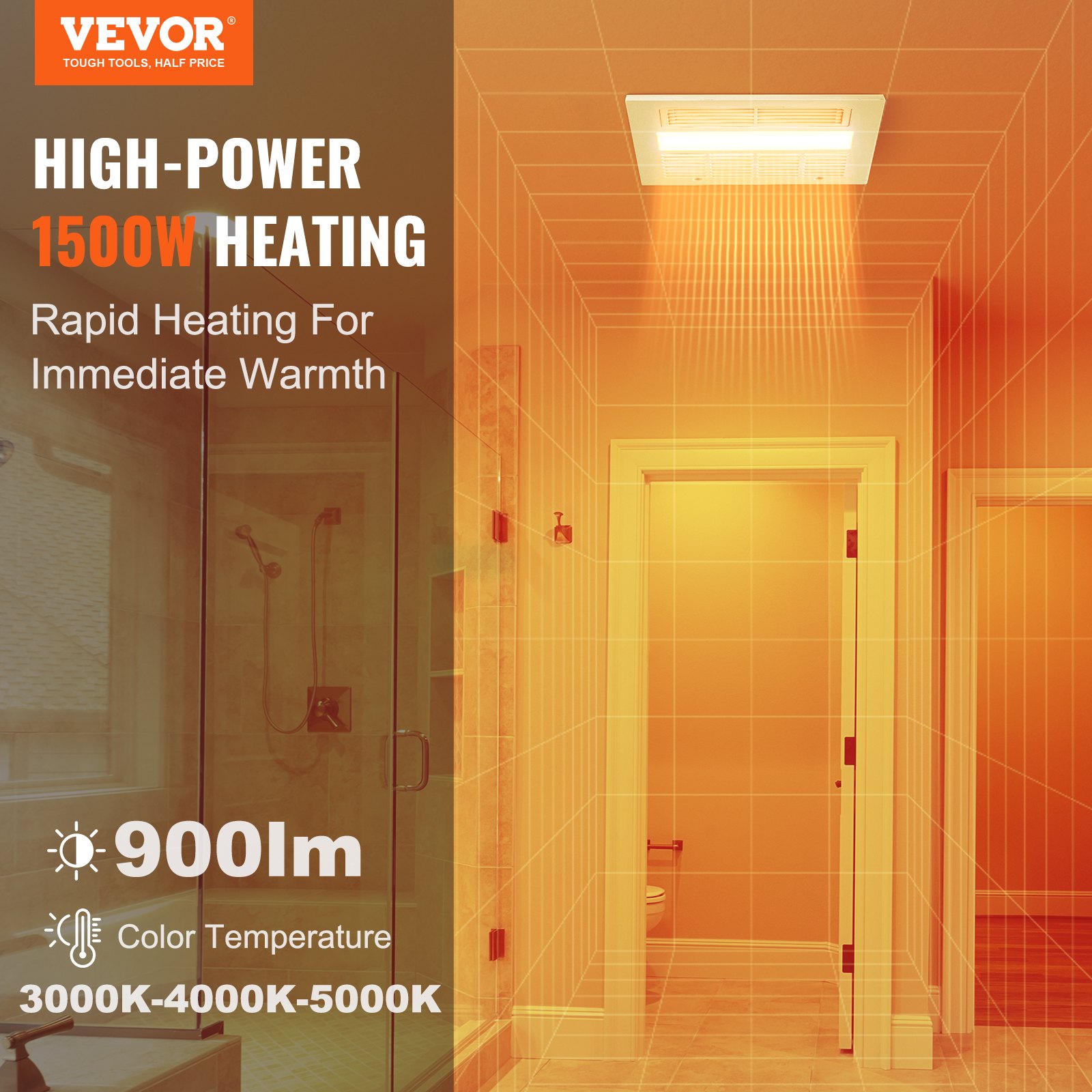 VEVOR Extractor De Baño, Calefacción De 1500 W, Ventilación De Alta Eficiencia De 110 CFM, Operación De Bajo Ruido De 1.5 Sones, Ventilador De Techo para Baño De Ahorro De Energía, Necesidad De Acceso Al ático, para Varios Techos