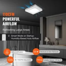 VEVOR Extractor de baño, 8 colores LED, ventilación de eficiencia de 110 CFM, motor totalmente de cobre de bajo ruido de 1,5 sones, ventilador de techo para baño que ahorra energía, sin necesidad de acceso al ático, para varios techos