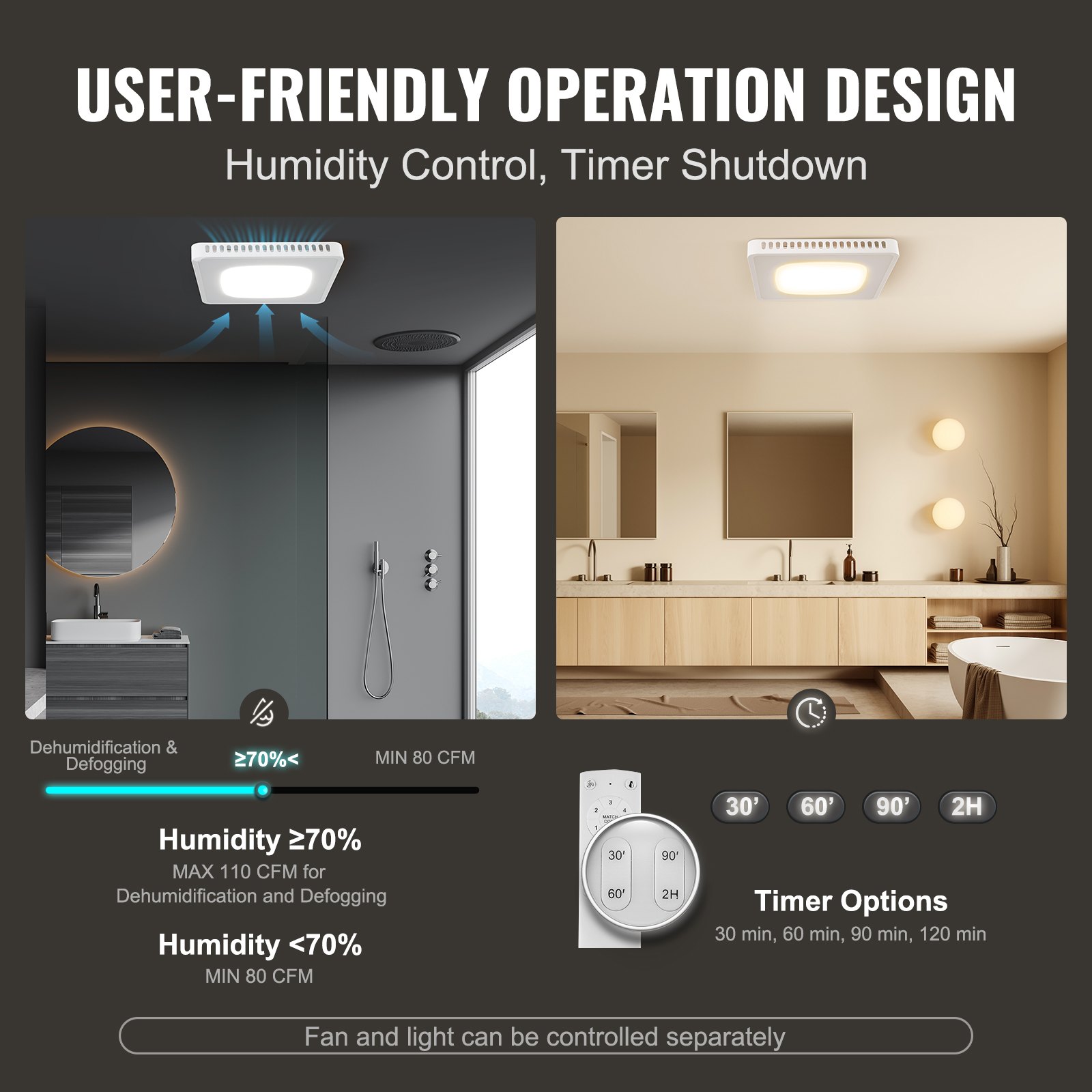 Extractor de aire para baño VEVOR, 8 colores LED, 110 CFM de eficiencia, motor de cobre de bajo ruido de 1.5 sones, ventilador de techo de bajo consumo, sin necesidad de acceso al ático, apto para diversos techos.