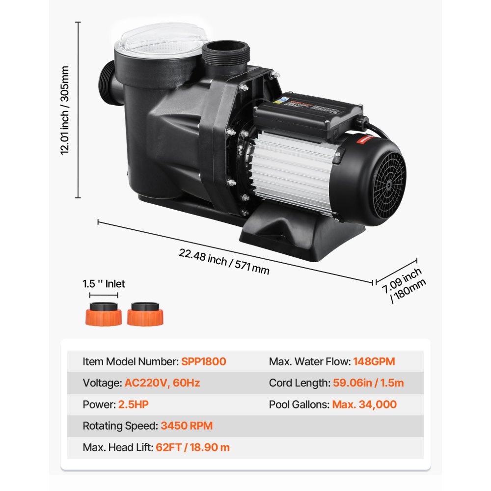 Bomba para piscina elevada VEVOR, 2.5 HP, 148 GPM, caudal máximo, bomba de piscina de una sola velocidad, 220 V, 3450 RPM, elevación máxima de 18 m, con cesta de filtro de PP, temperatura máxima del agua de 50 °C, para jacuzzis y spas.