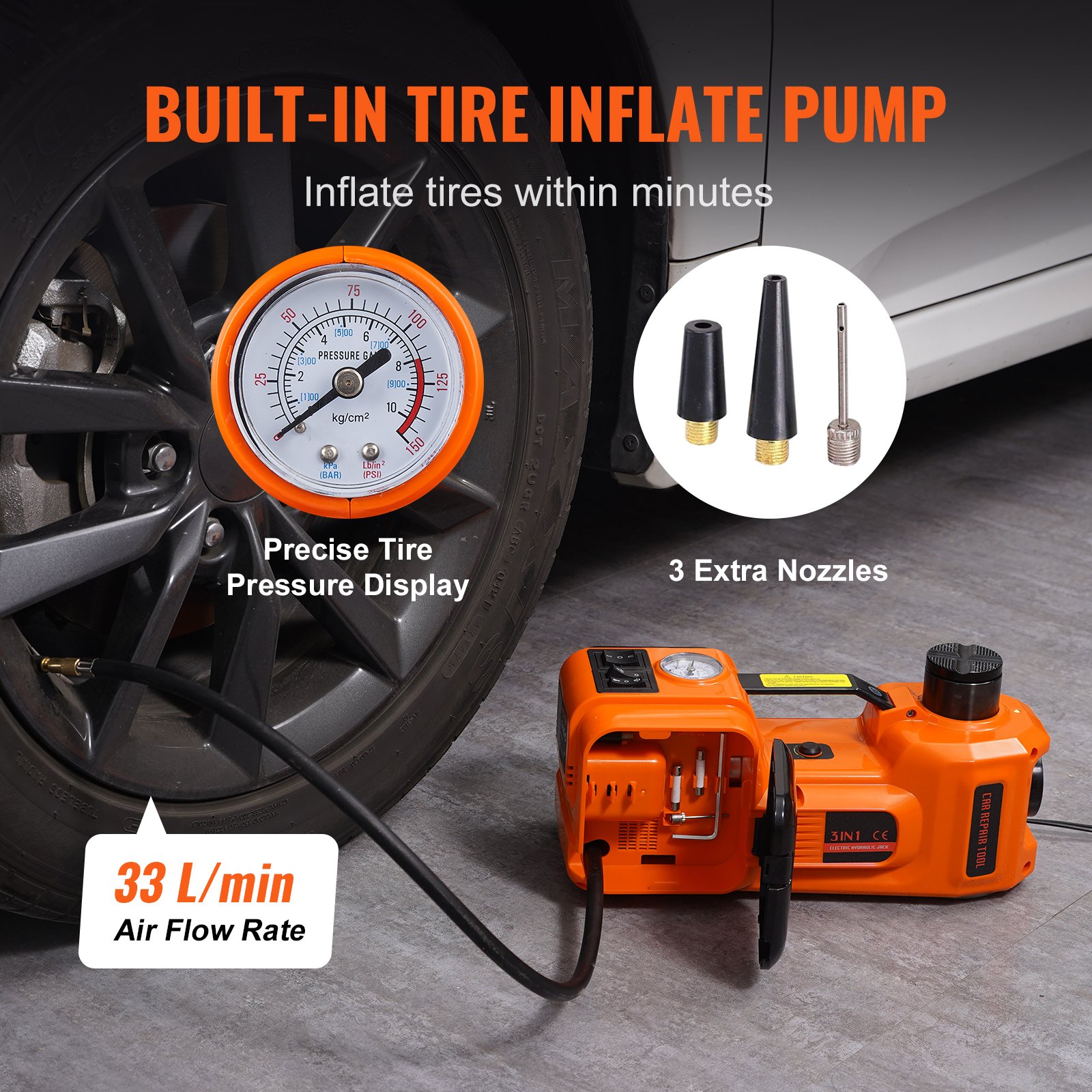 Gato eléctrico VEVOR para coche, 5 toneladas/11 023 libras, hidráulico con llave de impacto eléctrica, elevador portátil con bomba inflable integrada y luz LED para SUV, MPV, sedán, camión, cambio de neumáticos y reparación en taller.
