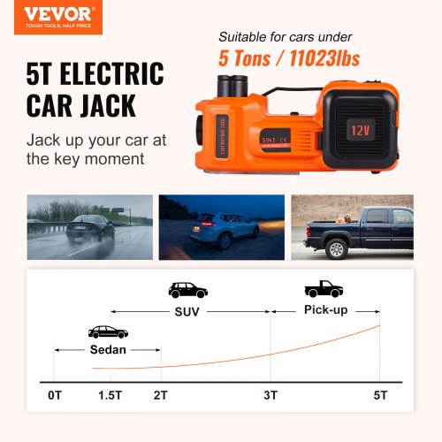 VEVOR, gato hidráulico eléctrico para piso de coche, 5 toneladas, 12V, bomba de inflado de neumáticos incorporada