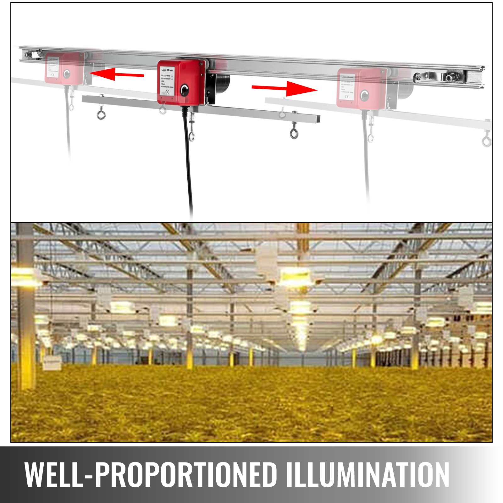 Kit de movimiento de luz de cultivo interior VEVOR instalado en un invernadero grande y bien iluminado.